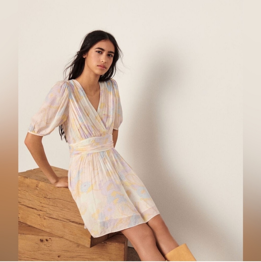 Ba&sh Noam Dress Pastel Floral Short Sleeve Mini Swing Dress